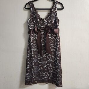 Eliza J Womens Dress 8 Brown Babydoll Y2K Lace Feminine Empire Waist Bow VTG USA